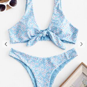 NWT Zaful Tiny Floral Low Waisted Knot Bikini Swimsuit Crystal Blue Sz S